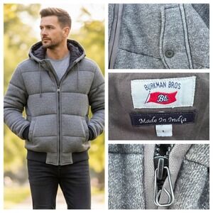 Burkman Bros Quilted Bomber Jacket Men's Lined Hooded Grey Heather Large Revolve